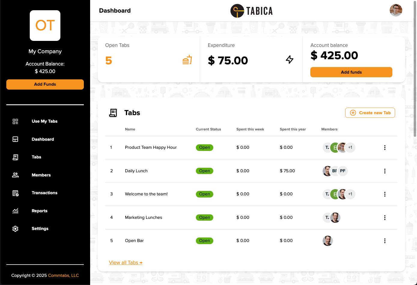 Tabica app Dashboard
